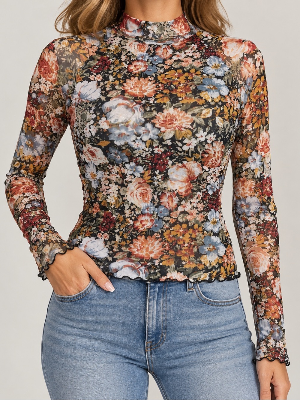 Promesa Floral Sheer Mesh Mock Neck Long Sleeve Top Size Medium